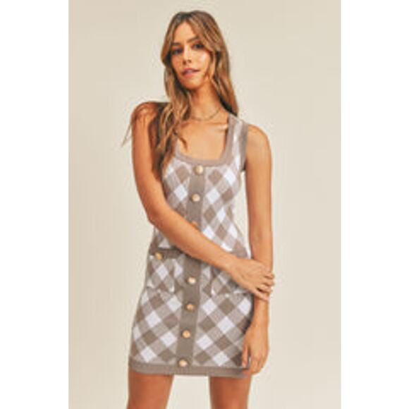 MABLE Ada Jacquard Bodycon Mini Dress Taupe Sleeveless Button Dress Women's M - Picture 2 of 15